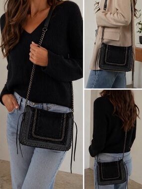 Zara Black Suede Leather Gunmetal Chain-Trim Crossbody Bag New with tags